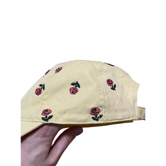 Pale Pastel Yellow Cotton Adjustable Baseball Hat Ditsy Pink Embroidered Flowers - Picture 4 of 7
